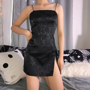 Floral Jacquard Black Mini Dress with Slit Detail - Chiccharm Boutique