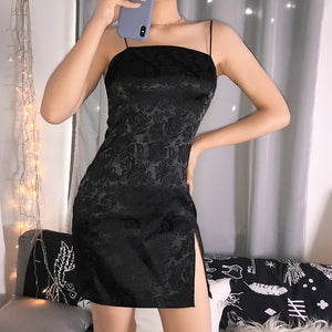 Floral Jacquard Black Mini Dress with Slit Detail - Chiccharm