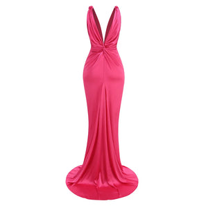 Fuchsia Satin Deep-V Evening Gown - Chiccharm Boutique