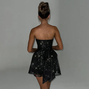 Glittery Black Strapless Mini Dress with a Bow - Chiccharm