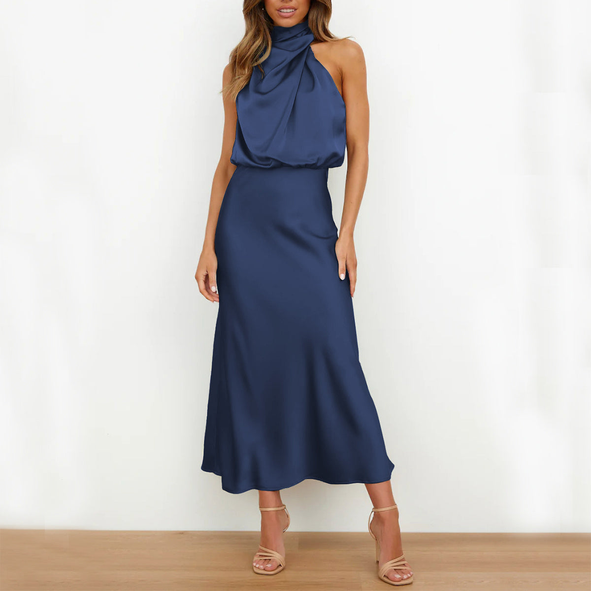 Halter Satin Terracotta Dress Maxi - Chiccharm Boutique