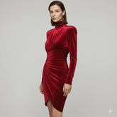High Neck Ruched Velvet Dress - Chiccharm Boutique