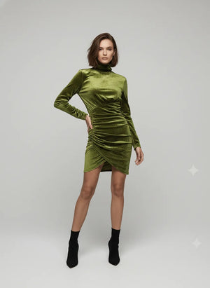 High Neck Ruched Velvet Dress - Chiccharm Boutique