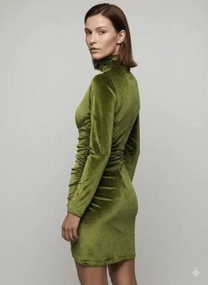 High Neck Ruched Velvet Dress - Chiccharm Boutique