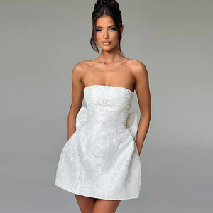 Jacquard White Mini Dress Strapless with Bow Detail - Chiccharm