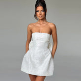 Jacquard White Mini Dress Strapless with Bow Detail - Chiccharm