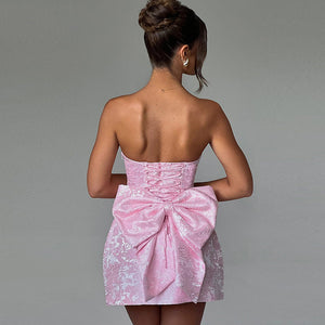 Jacquard Pink Mini Dress Strapless with Bow Detail - Chiccharm