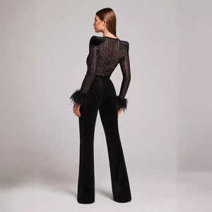 Lace Feather Sequins Bandage Jumpsuit - Chiccharm Boutique
