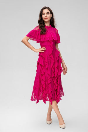 Layered Lace and Ruffle Dress Midi - Chiccharm