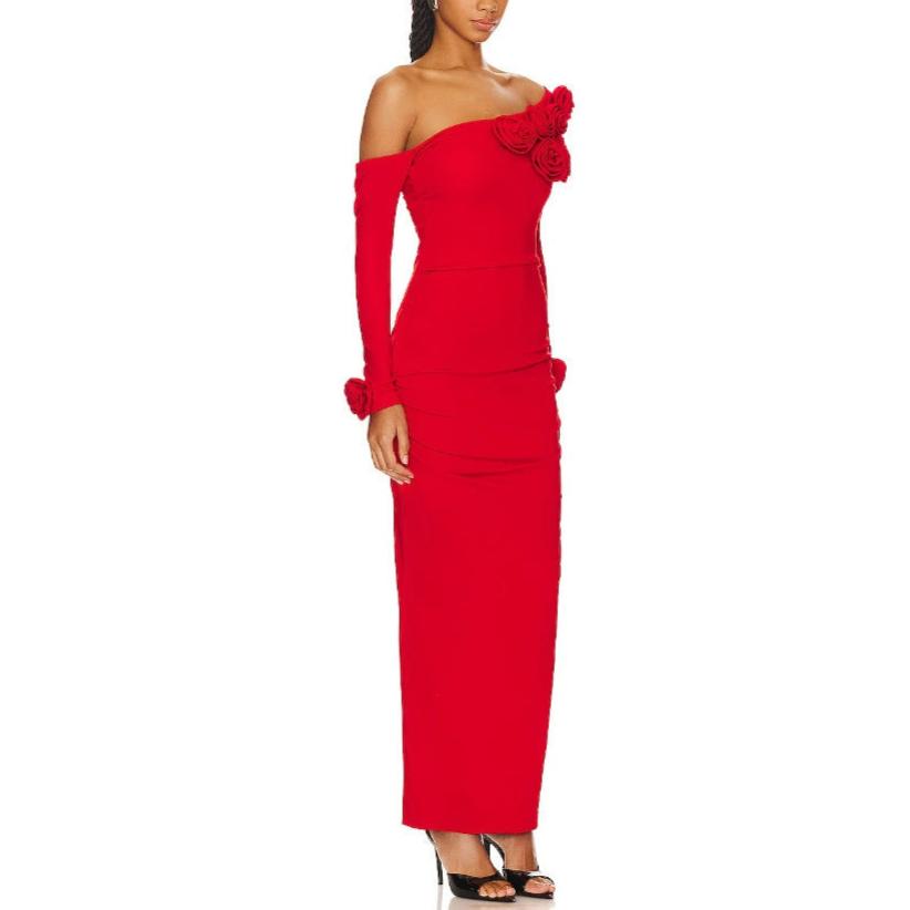Long Sleeved Red 3D Flower Dress