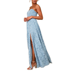 long strapless dress with front slit Embroidery Dress - Chiccharm