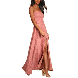 long strapless dress with front slit Embroidery Dress - Chiccharm