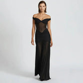 Mesh Maxi Dress – Off-Shoulder Ruched Slit Evening Gown - Chiccharm Boutique