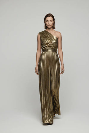Woman wearing a gold one-shoulder evening gown on a white background