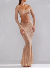 Sparkling Long-Sleeve Crop Top and Maxi Skirt Ensemble - Chiccharm
