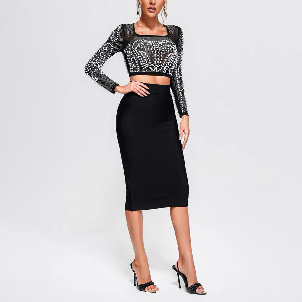 Embellished Mesh Crop Top and Button-Detail Pencil Skirt - Chiccharm