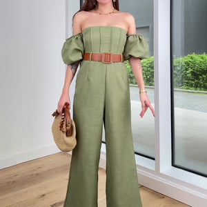 Off-Shoulder Puff Sleeve Straight Jumpsuit - Chiccharm Boutique