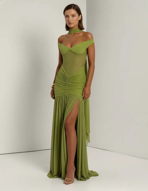 Mesh Maxi Dress – Off-Shoulder Ruched Slit Evening Gown - Chiccharm Boutique