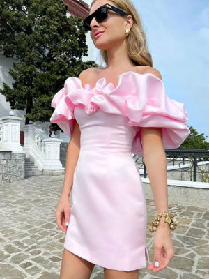 Off-Shoulder Ruffled Satin Mini Dress - Chiccharm