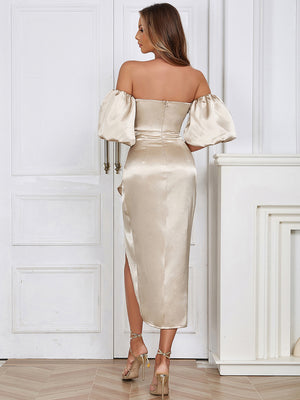 Off-Shoulder Satin Ruched Midi Dress - Chiccharm