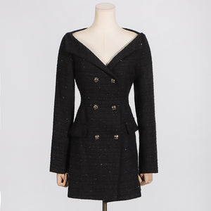 Off-shoulder Black Double Breasted Blazer Dress- Chiccharm - Chiccharm
