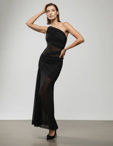 black one shoulder midi dress with all-over ruched mesh overlay and waist cut-out detail, sexy date night fashion UK - Chiccharm Boutique.