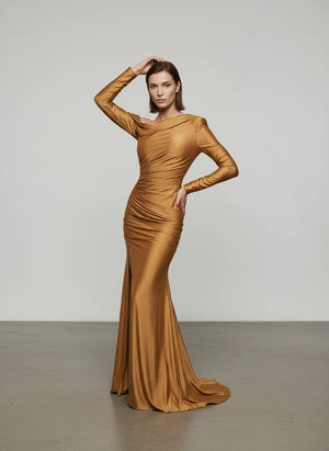One-Shoulder Draped Slit Velvety Gown - Chiccharm Boutique