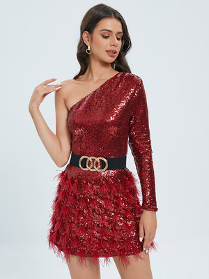 One-Shoulder Red Feather Sequin Dress - Chic Charm
