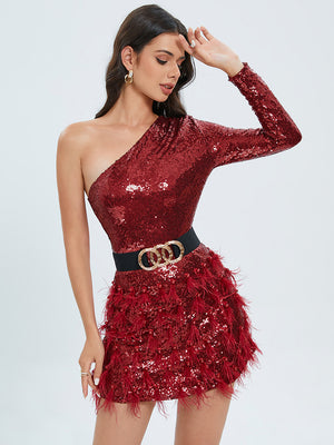 One-Shoulder Red Feather Sequin Dress - Chic Charm