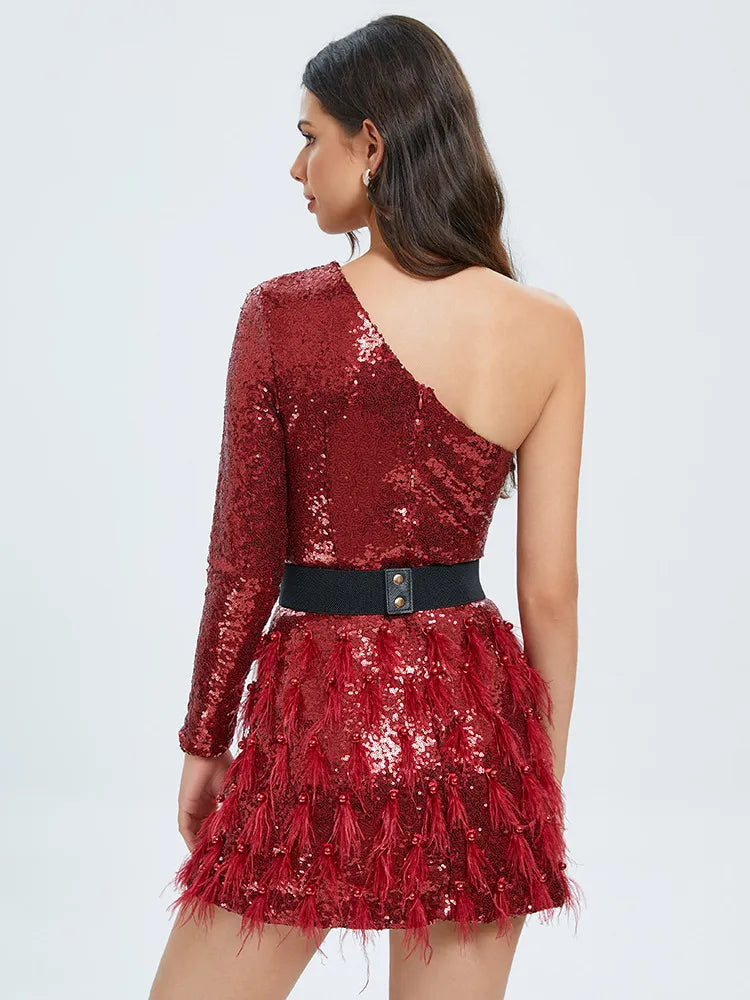 One-Shoulder Red Feather Sequin Dress - Chic Charm