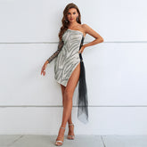 One-Shoulder Zebra Dress Embellished Mesh Gown - Chic Charm