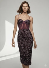 Deep purple plum sequin midi dress with sheer corset bodice and visible boning, spaghetti strap cocktail party dress UK - Chiccharm Boutique.