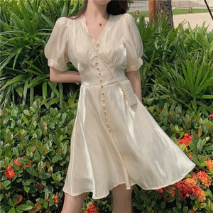 Puff-Sleeve A Line Button Dress - Chiccharm