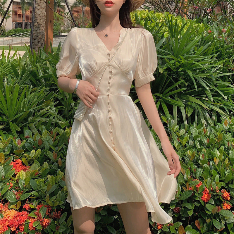 Puff-Sleeve A Line Button Dress - Chiccharm