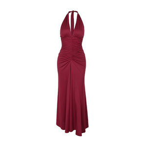 Red halter neck dress on a white background