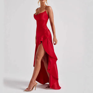 Ruffled Slit Maxi Skirt Dress For Evening