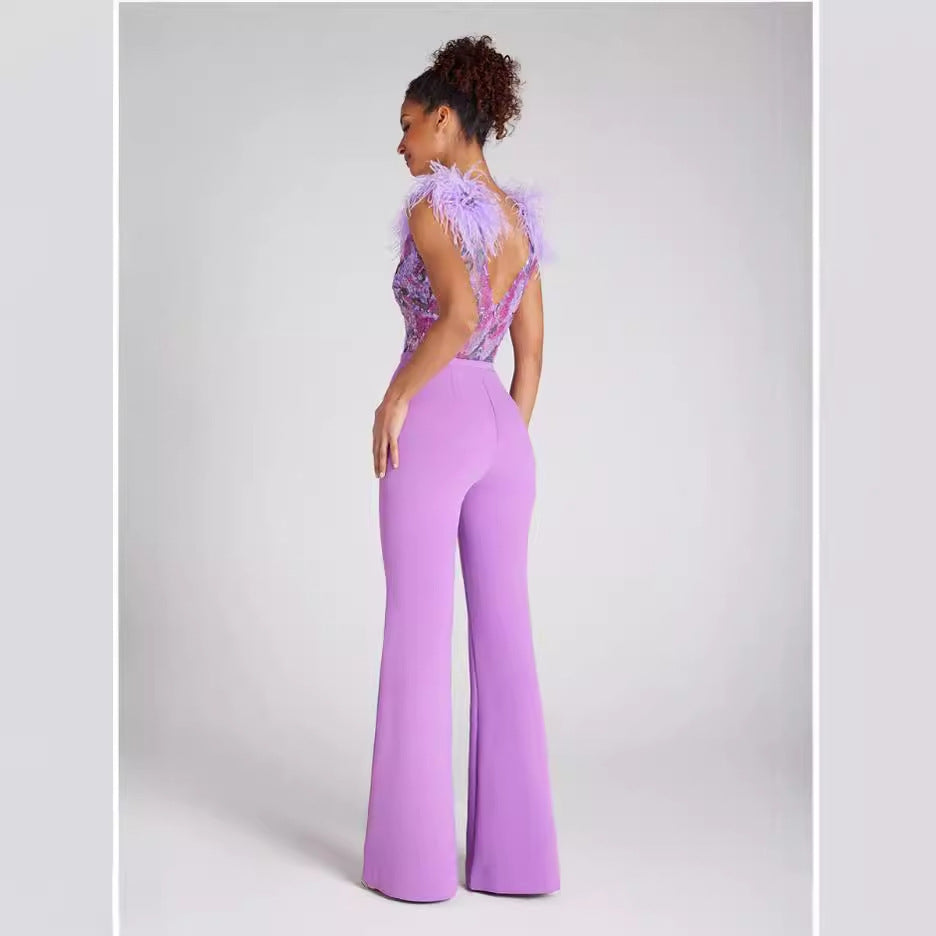 Sequin Embellished Feather Shoulder Jumpsuit - Chiccharm Boutique