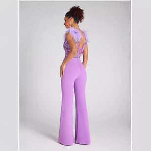 Sequin Embellished Feather Shoulder Jumpsuit - Chiccharm Boutique