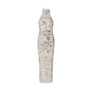 Elegant evening gown with floral lace design on a white background