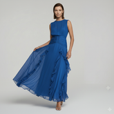 Vivid blue pleated chiffon maxi dress with vertical ruffle detailing, sleeveless wedding guest gown UK - Chiccharm Boutique.