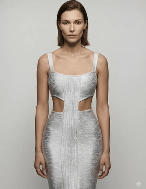 Silver Metallic Ribbed Cut-Out Bodycon Midi Dress - Chiccharm Boutique