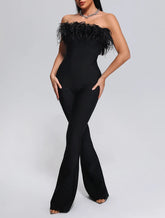 Strapless Feather Trim Fitted Jumpsuit - Chiccharm Boutique