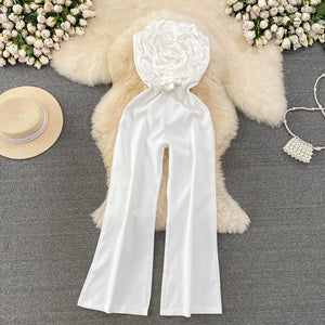 Strapless Floral Appliqué Wide-Leg Jumpsuit - Chiccharm Boutique