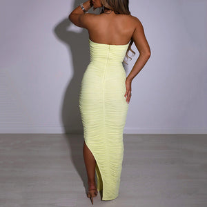 Strapless Ruched Bodycon Dress Maxi - Chiccharm