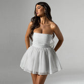 Glittery White Strapless Mini Dress with a Bow - Chiccharm