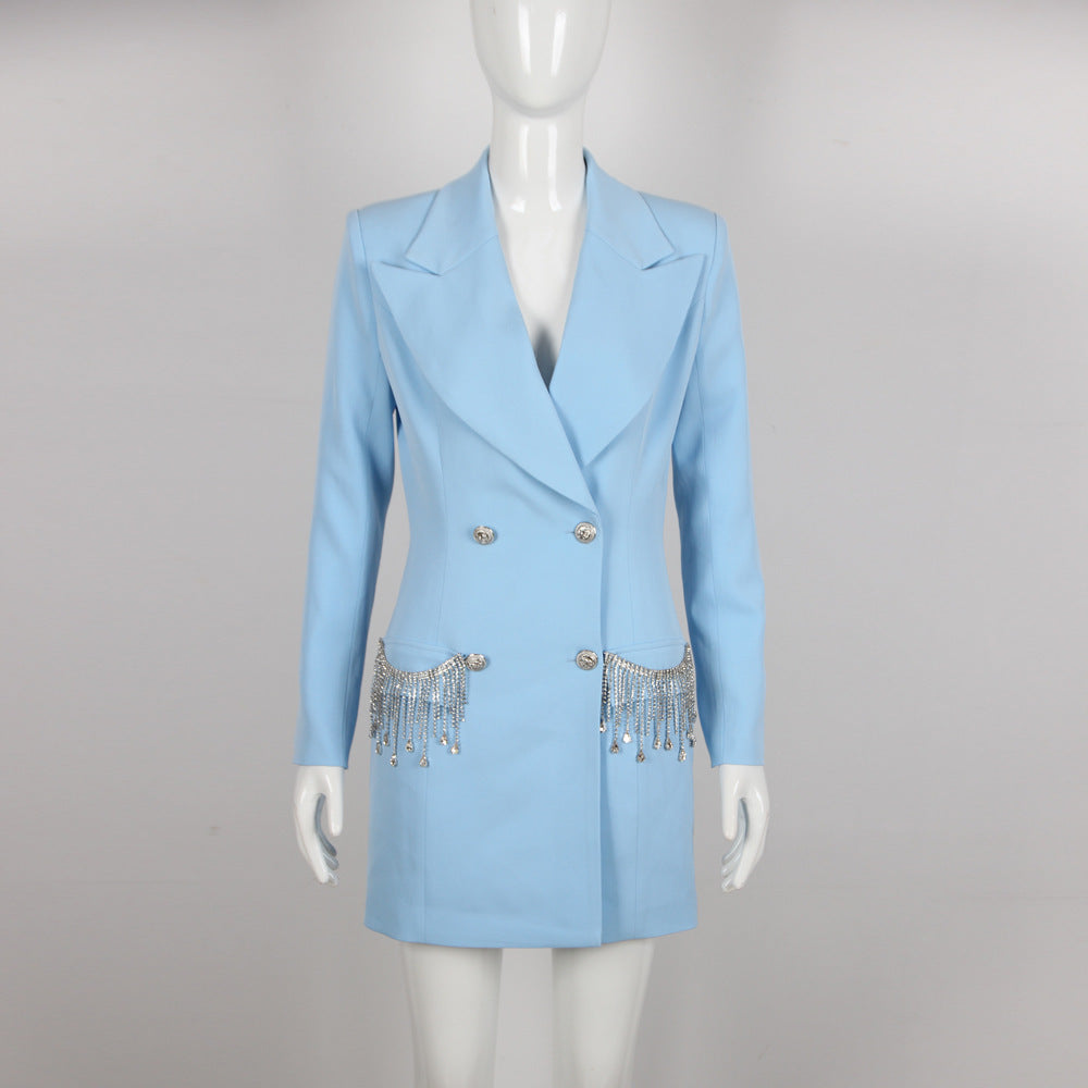 Double-Breasted Crystal Blazer Dress- Chiccharm