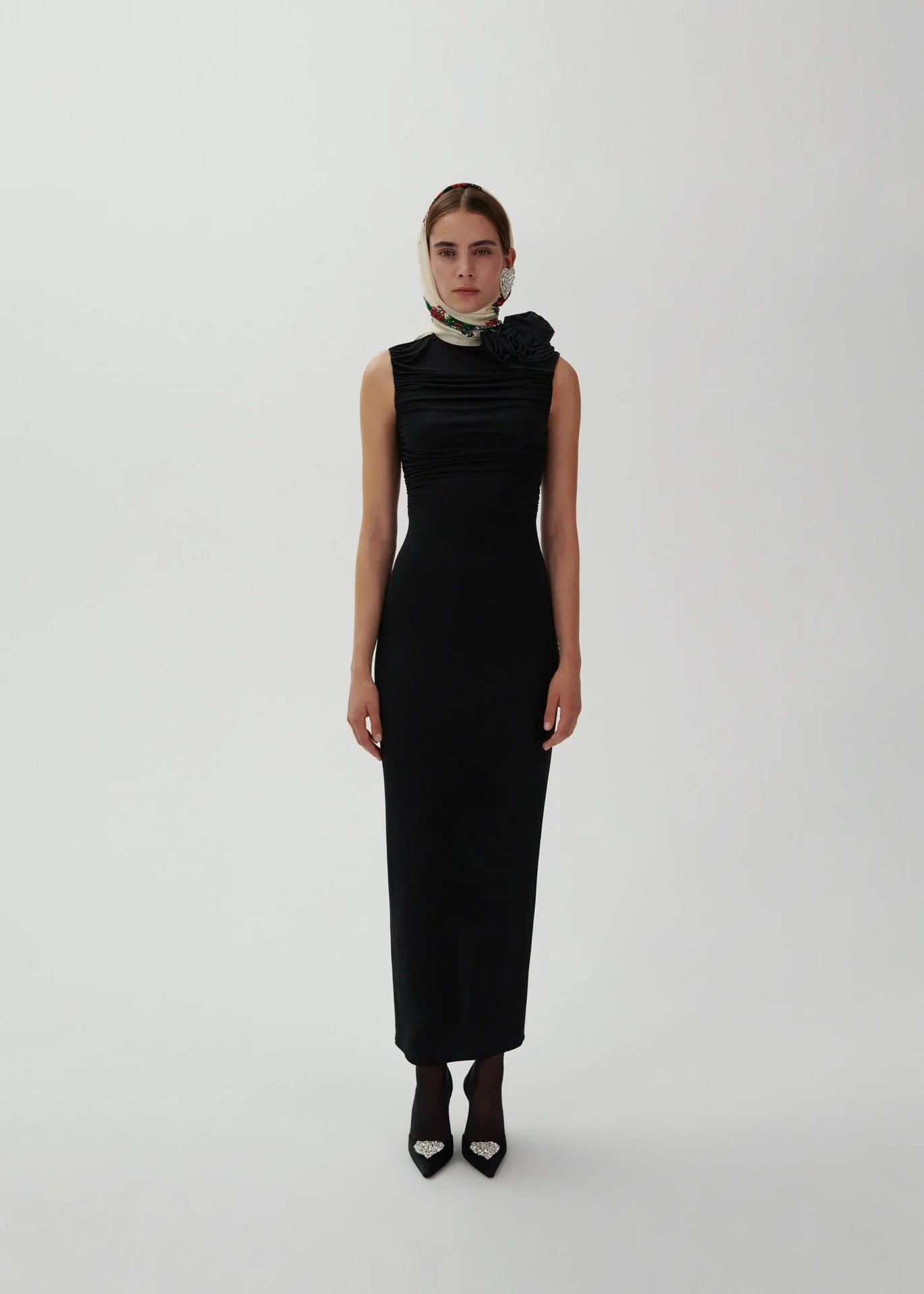 Vienna Rose Black Pleated Sheath Dress Midi