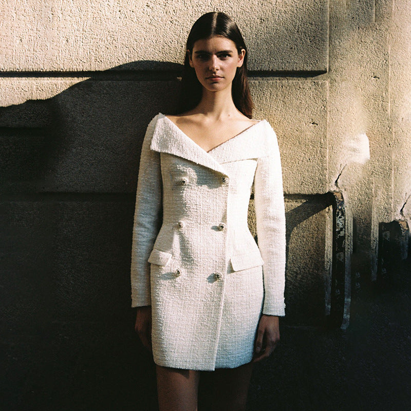 Off-shoulder White Double Breasted Blazer Dress- Chiccharm