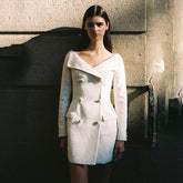 Off-shoulder White Double Breasted Blazer Dress- Chiccharm