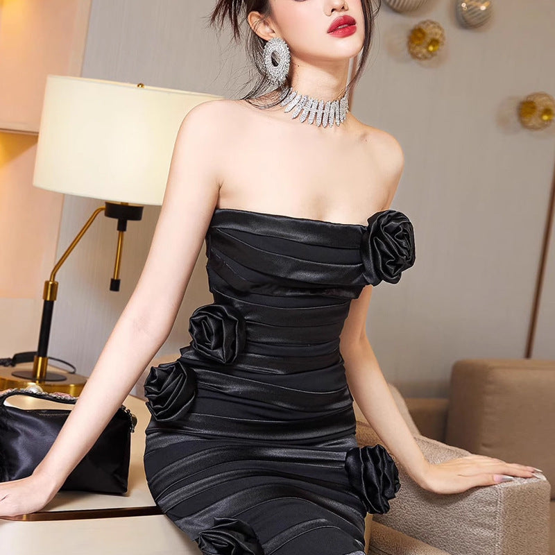 Strapless Floral Appliqué Evening Gown - Chiccharm Boutique